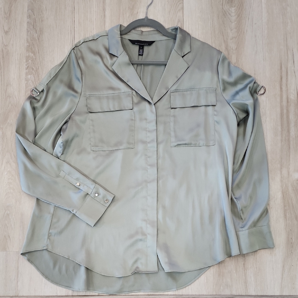 White House Black Market Sage Green Satin Utility Shirt